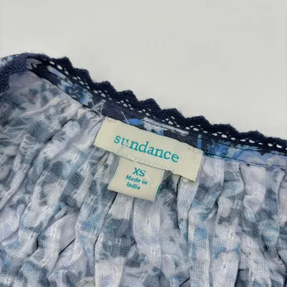 NWOT Sundance Blouse Top XS Blue Floral Smocked Puff Sleeve Lace Henley Tropical - Picture 6 of 6